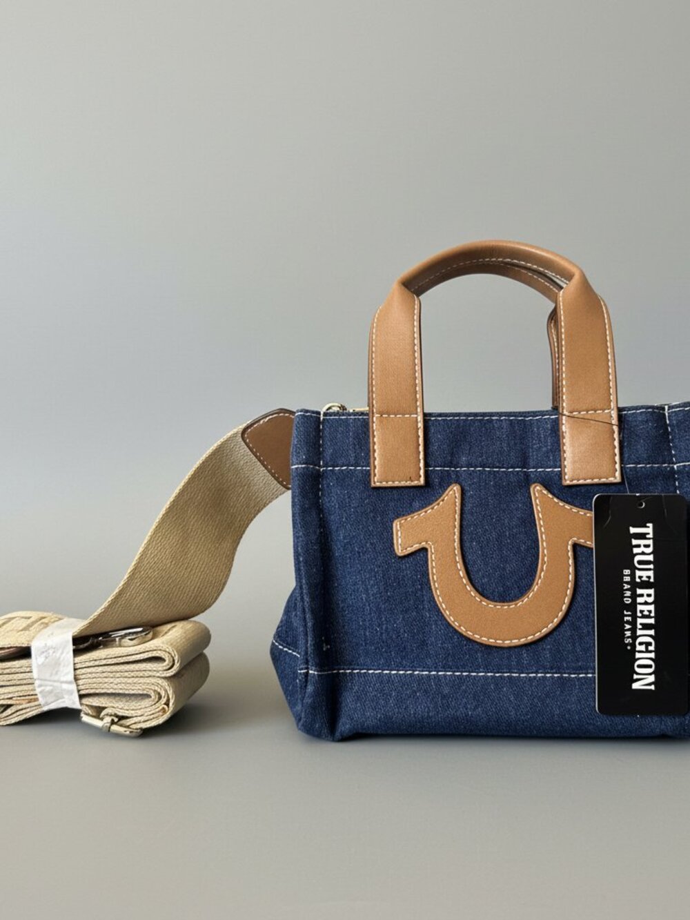 True Religion Mini Denim Tote Crossbody Bag Dark Wash Horseshoe Purse NWT
